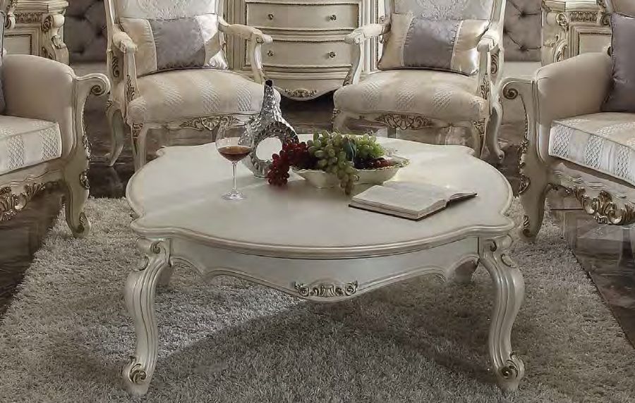 Acme 86880 Rosdork park severine picardy II antique pearl finish wood carved accents coffee table