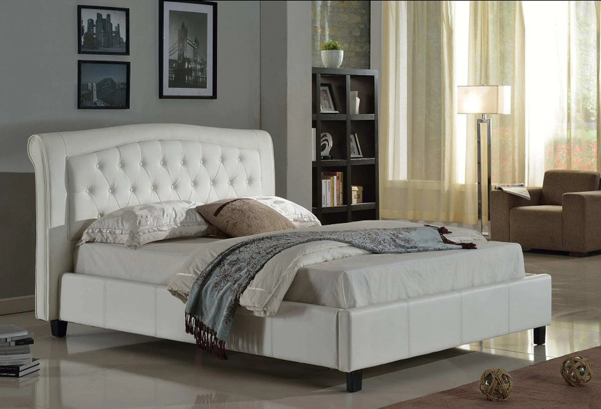 White faux leather Tufted Padded Queen Bed Low Rise – 8718-Q