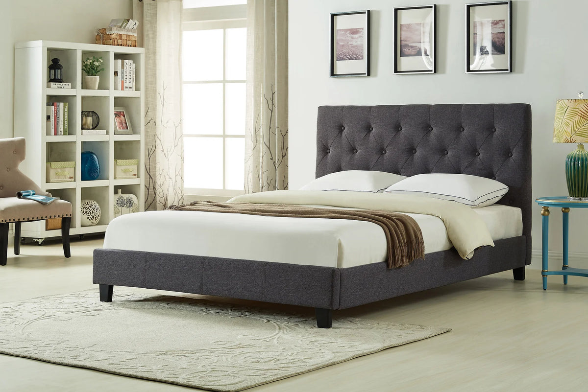 Dark Grey Linen Tufted Padded Queen Bed Low Rise – 8734-Q