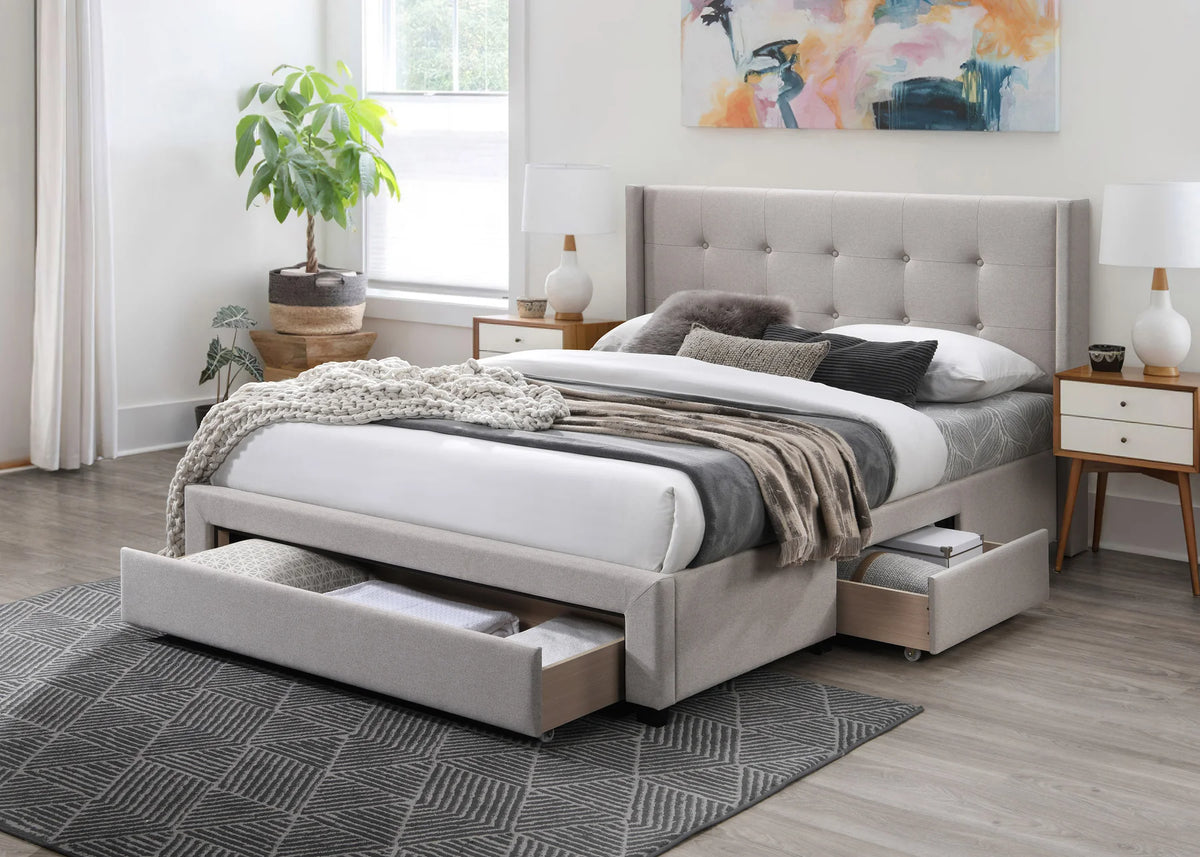 Daisy Light Brown Linen-Like Fabric Queen Bed with 3 Under Bed Storage Drawers – 8737-Q