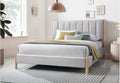 8740-Q Guery ivory velvet fabric channel style tufted queen bed with oak wood finish legs