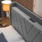 8743 Chevron design grey linen fabric tufted upholstered queen low rise platform bed with USB