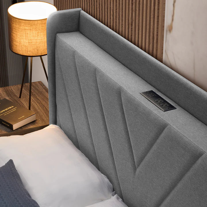 8743 Chevron design grey linen fabric tufted upholstered queen low rise platform bed with USB