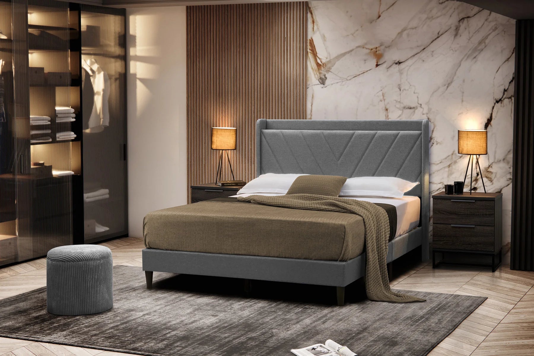 8743 Chevron design grey linen fabric tufted upholstered queen low rise platform bed with USB