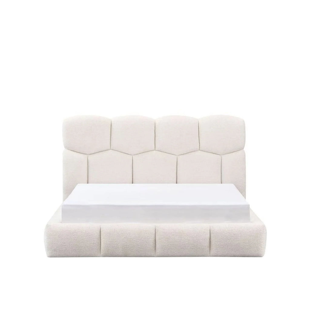 Geometric Pearl White Fabric Tufted Queen Low Rise Platform Bed – 8745
