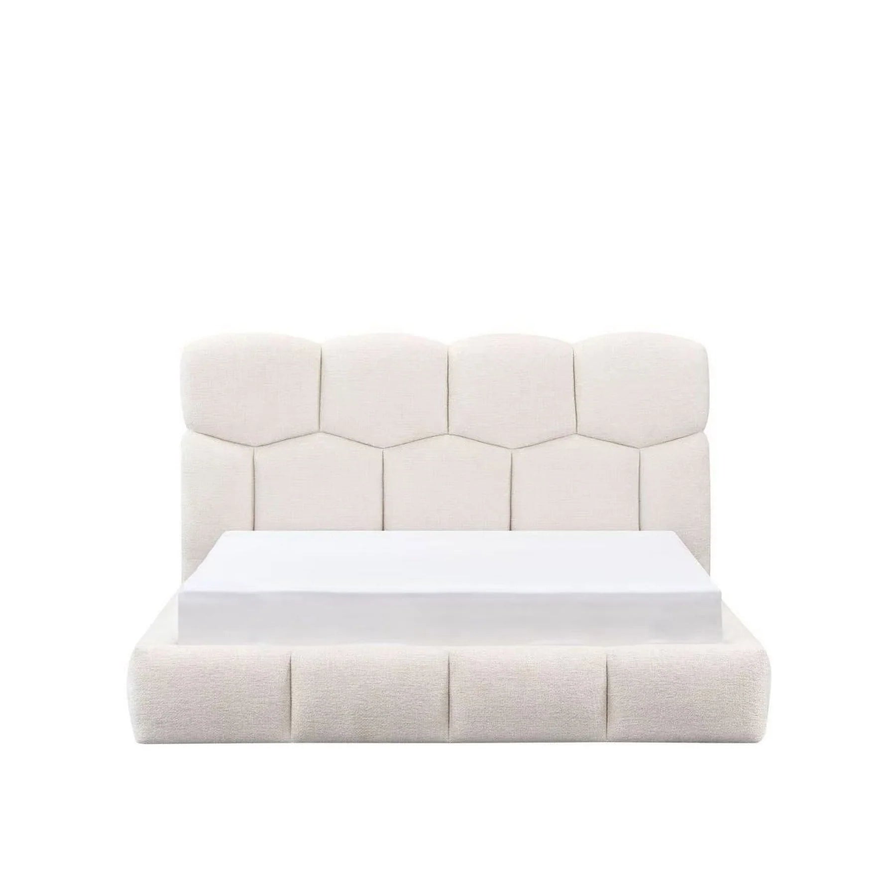 8745 Geometric pearl white fabric tufted upholstered queen low rise platform bed