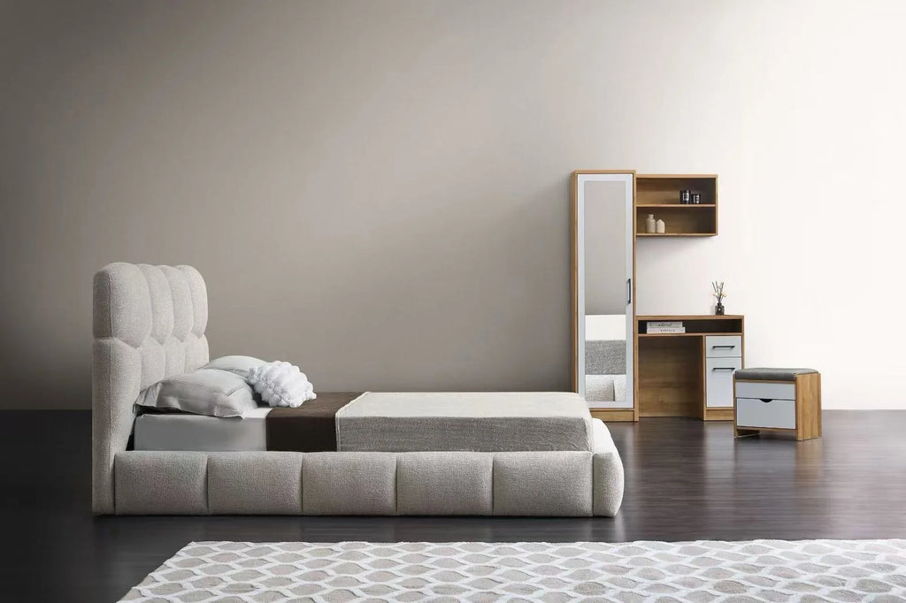 Geometric Pearl White Fabric Tufted Queen Low Rise Platform Bed – 8745