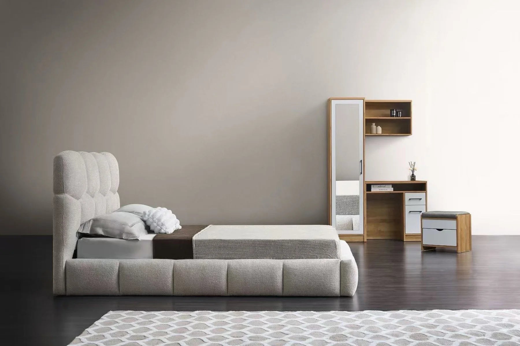 8745 Geometric pearl white fabric tufted upholstered queen low rise platform bed