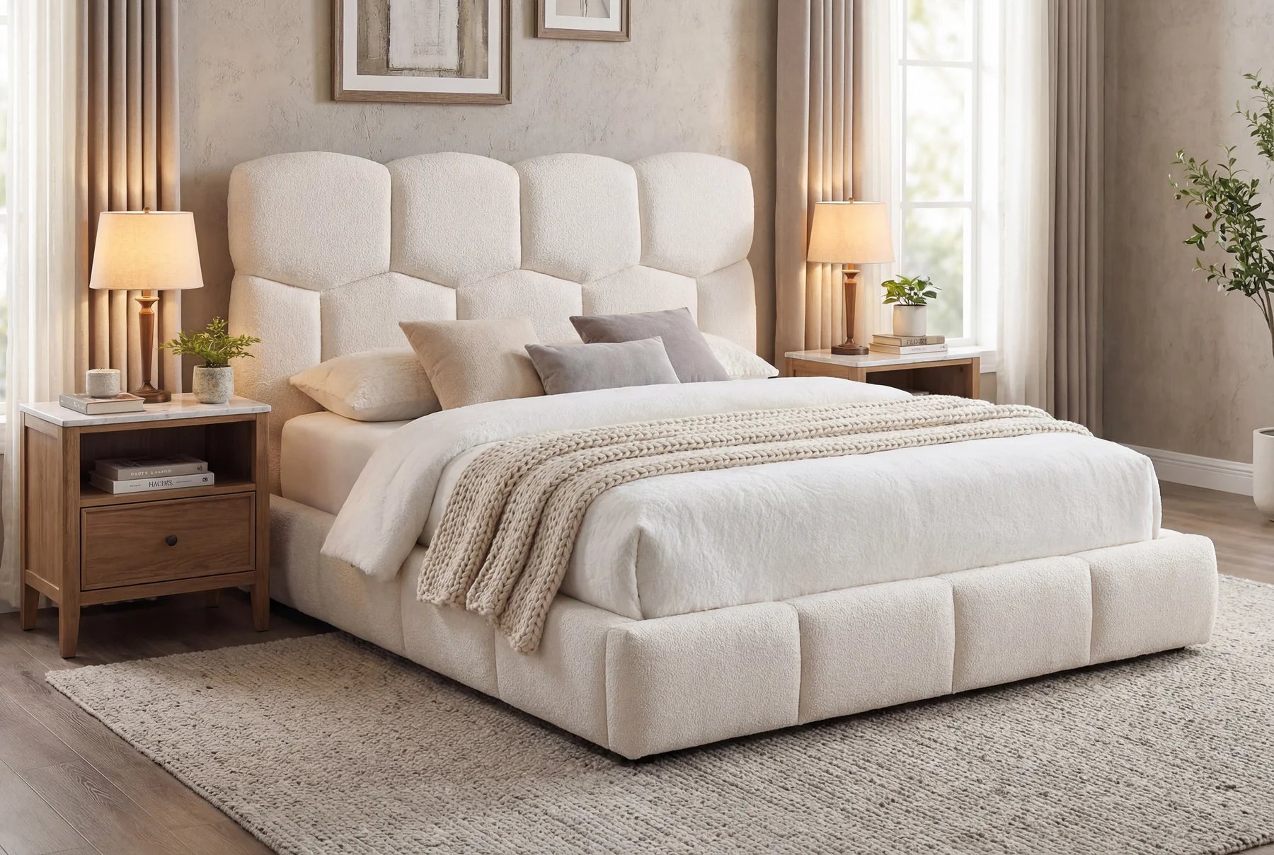 8745 Geometric pearl white fabric tufted upholstered queen low rise platform bed