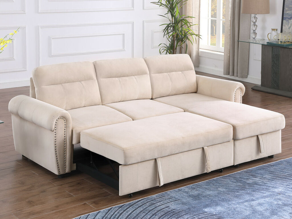87800-BE Ashton beige velvet fabric pop up sleep area reversible storage chaise sectional sofa nail head trim