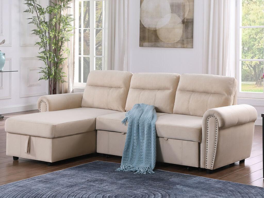 87800-BE Ashton beige velvet fabric pop up sleep area reversible storage chaise sectional sofa nail head trim