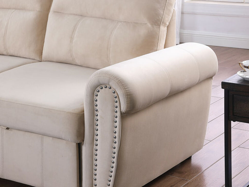 87800-BE Ashton beige velvet fabric pop up sleep area reversible storage chaise sectional sofa nail head trim