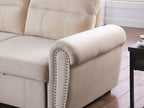 87800-BE Ashton beige velvet fabric pop up sleep area reversible storage chaise sectional sofa nail head trim