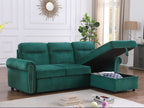 87800-GN Ashton green velvet fabric pop up sleep area reversible storage chaise sectional sofa nail head trim