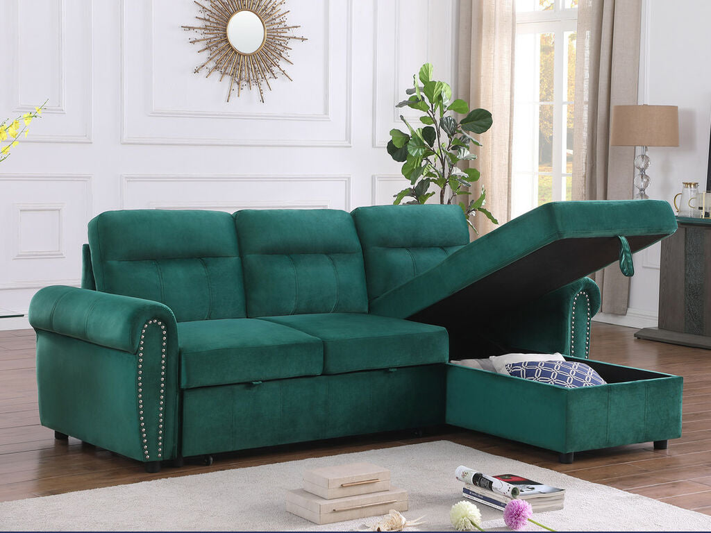 87800-GN Ashton green velvet fabric pop up sleep area reversible storage chaise sectional sofa nail head trim