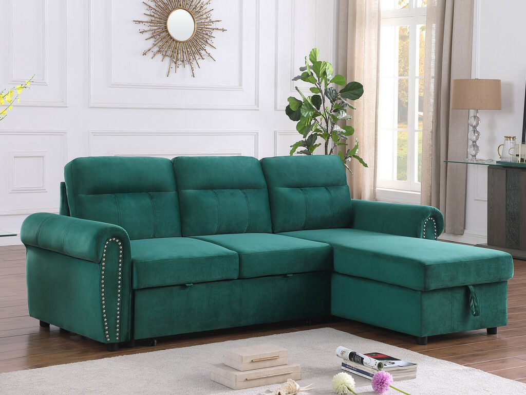 87800-GN Ashton green velvet fabric pop up sleep area reversible storage chaise sectional sofa nail head trim