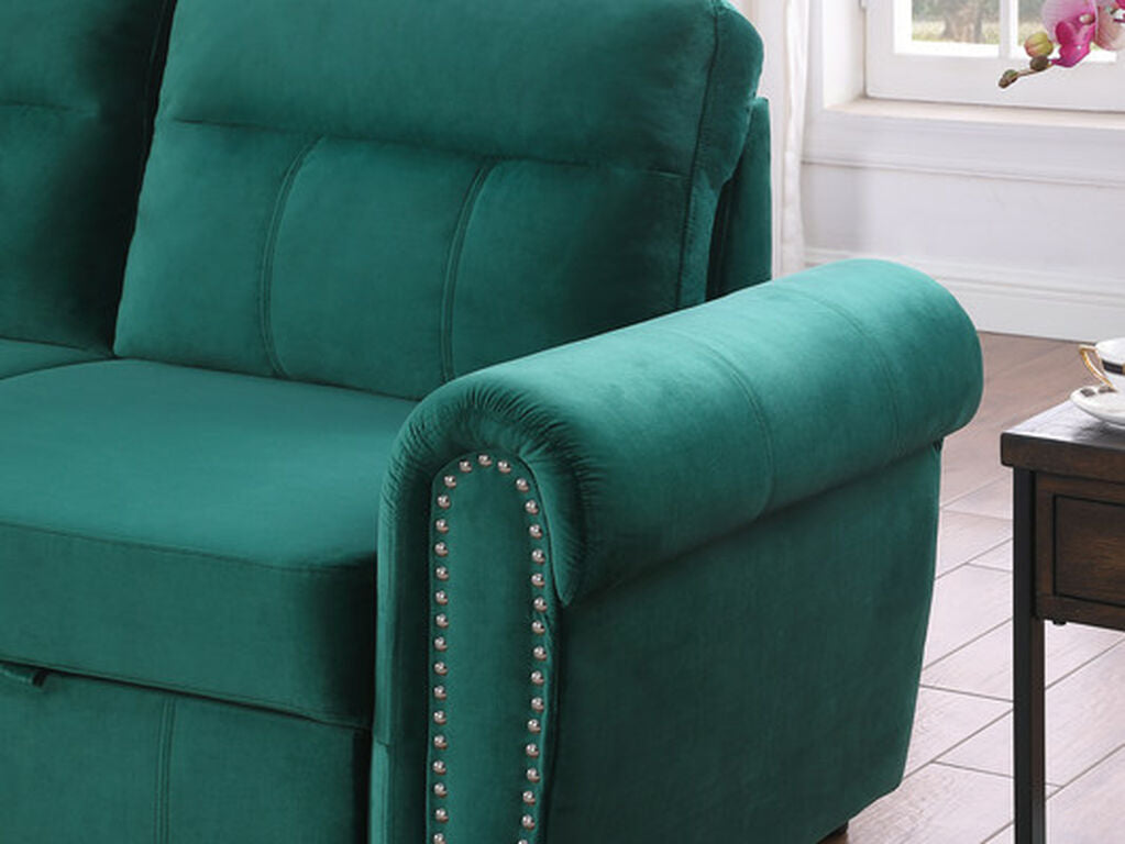 87800-GN Ashton green velvet fabric pop up sleep area reversible storage chaise sectional sofa nail head trim