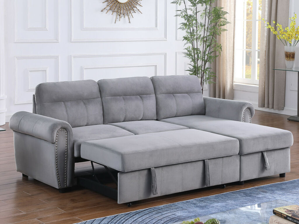 87800-GY Ashton grey velvet fabric pop up sleep area reversible storage chaise sectional sofa nail head trim