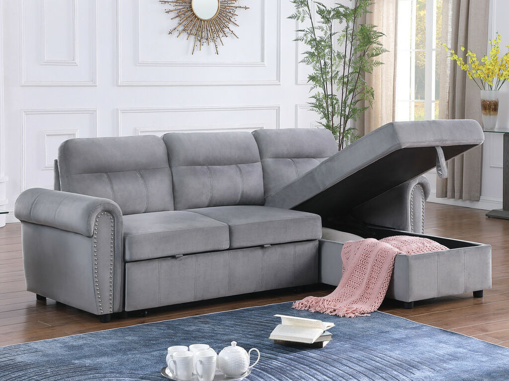 87800-GY Ashton grey velvet fabric pop up sleep area reversible storage chaise sectional sofa nail head trim