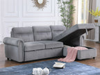 87800-GY Ashton grey velvet fabric pop up sleep area reversible storage chaise sectional sofa nail head trim