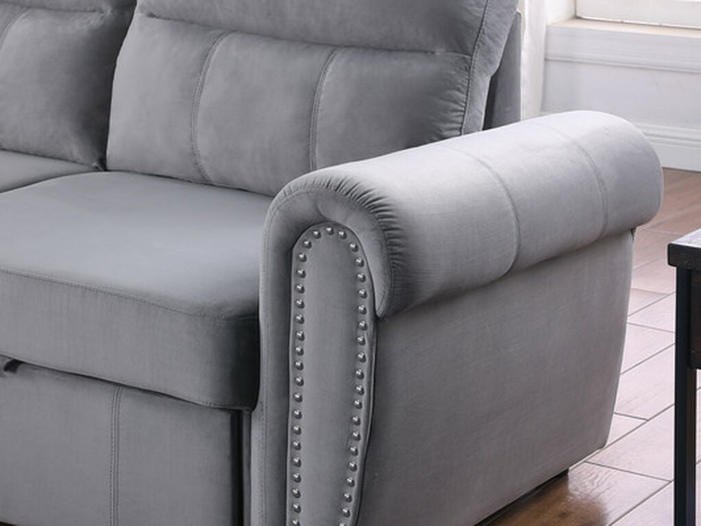 87800-GY Ashton grey velvet fabric pop up sleep area reversible storage chaise sectional sofa nail head trim