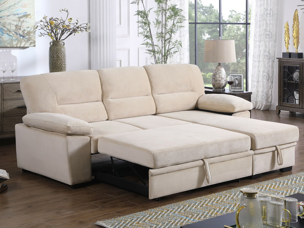 87802-BE Kipling beige velvet fabric pop up sleep area reversible storage chaise sectional sofa