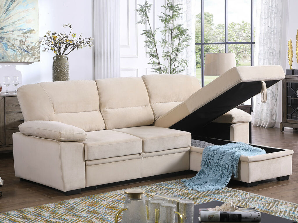 87802-BE Kipling beige velvet fabric pop up sleep area reversible storage chaise sectional sofa