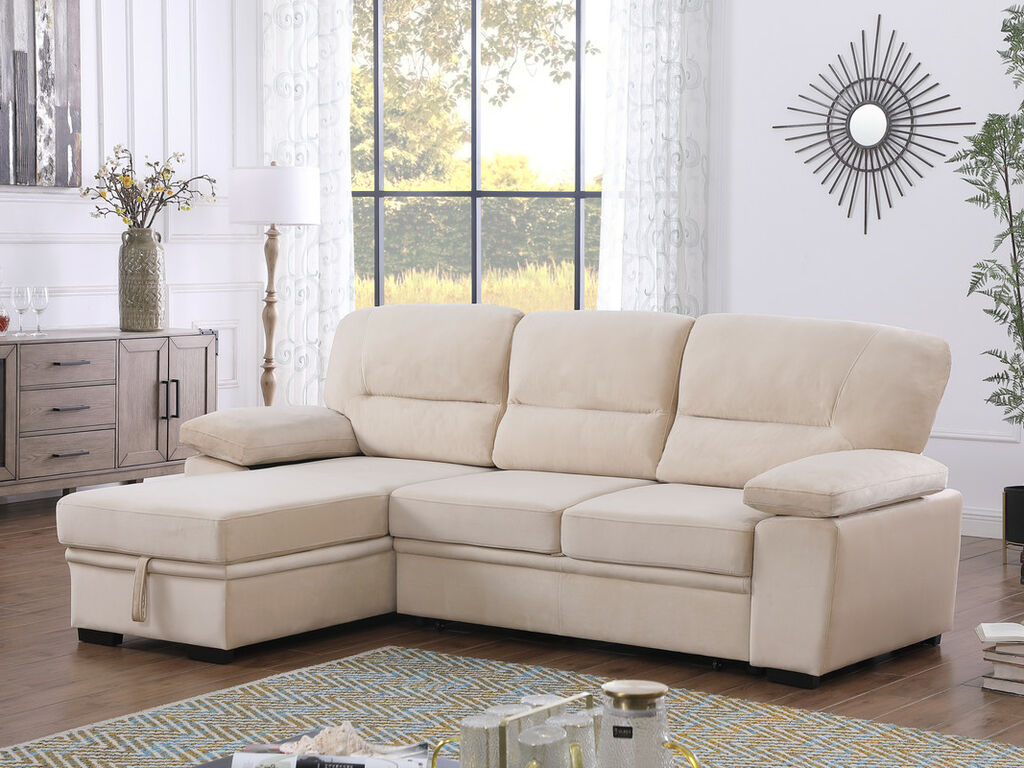 87802-BE Kipling beige velvet fabric pop up sleep area reversible storage chaise sectional sofa