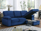 87802-BU Kipling blue velvet fabric pop up sleep area reversible storage chaise sectional sofa
