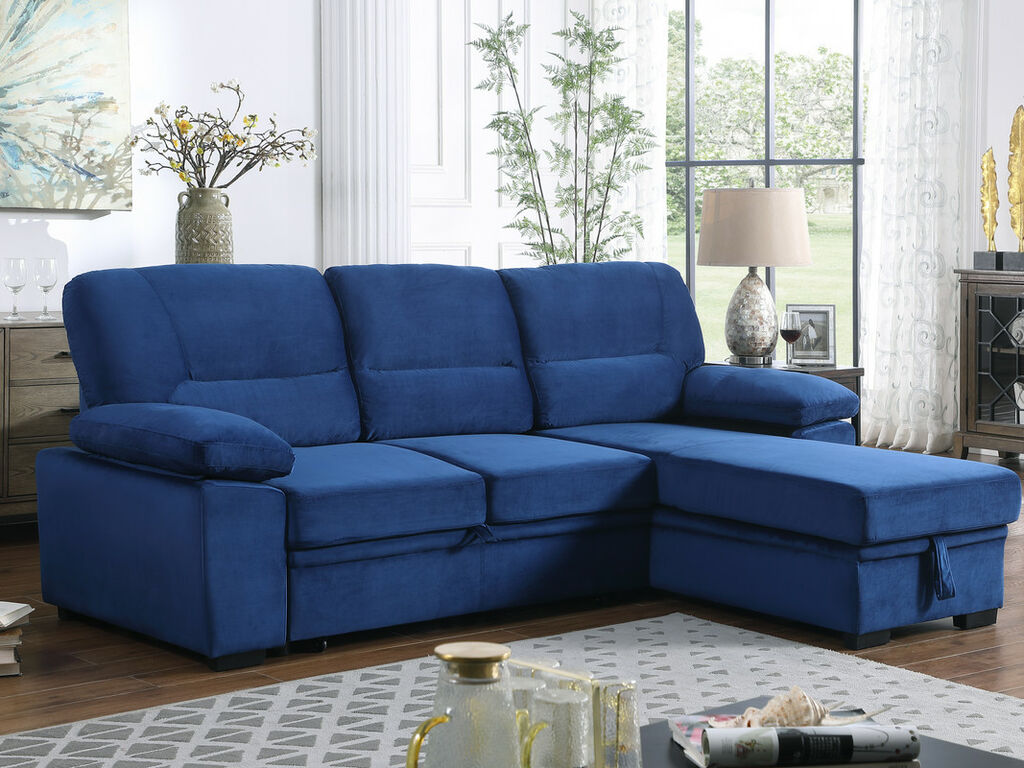 87802-BU Kipling blue velvet fabric pop up sleep area reversible storage chaise sectional sofa
