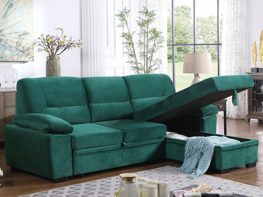 87802-GN Kipling green velvet fabric pop up sleep area reversible storage chaise sectional sofa