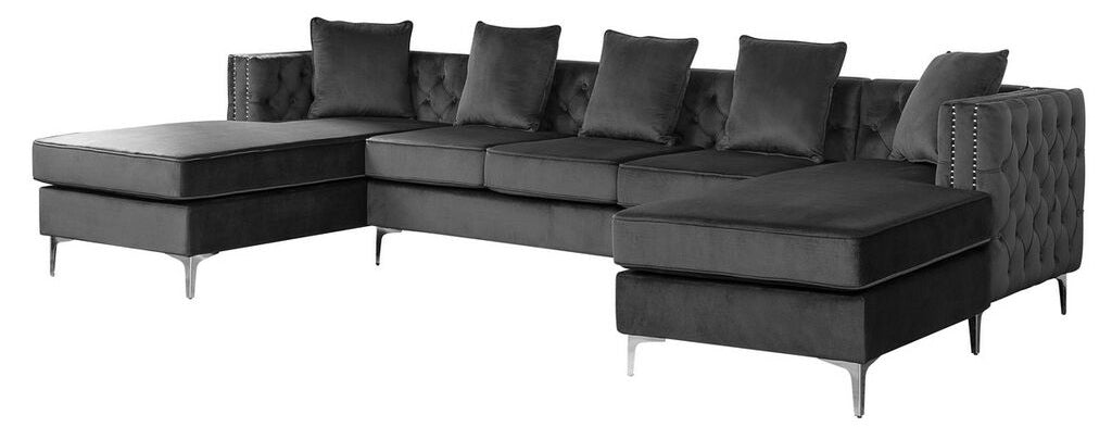 87841GY 3 pc Ryan dark grey tufted velvet fabric sectional sofa with double chaise and chrome legs
