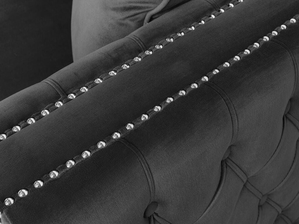 87841GY 3 pc Ryan dark grey tufted velvet fabric sectional sofa with double chaise and chrome legs