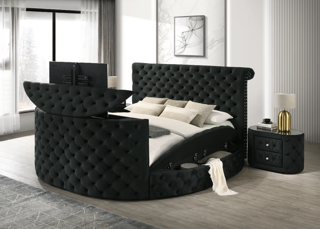 Crown Mark 5212BK Voltare black velvet fabric tufted round queen storage bed with TV lift and built in LED Fireplace