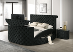 Crown Mark 5212BK Voltare black velvet fabric tufted round queen storage bed with TV lift and built in LED Fireplace