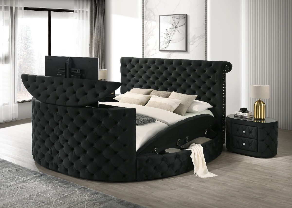 Crown Mark 5212BK Voltare black velvet fabric tufted round queen storage bed with TV lift and built in LED Fireplace