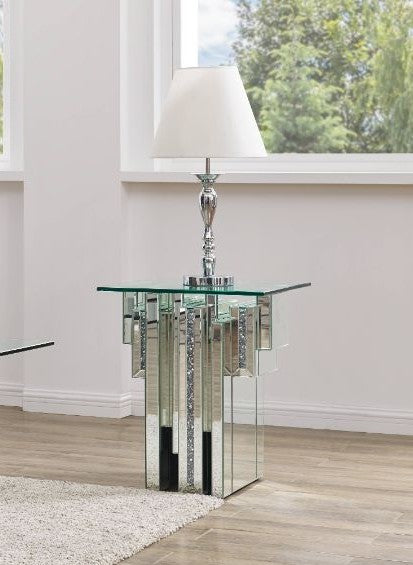 Acme 88002 Glam noralie mirror and faux diamonds square pedestal end table plant stand with square glass top