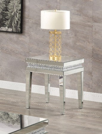 Acme 88052 Glam lotus mirrored accents and faux ice cube crystals pedestal 20" square glass top end table plant stand
