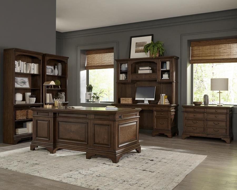 Coaster 881281 Canora grey parthenia Hartshill burnished oak finish wood grand style desk set for your home or office
