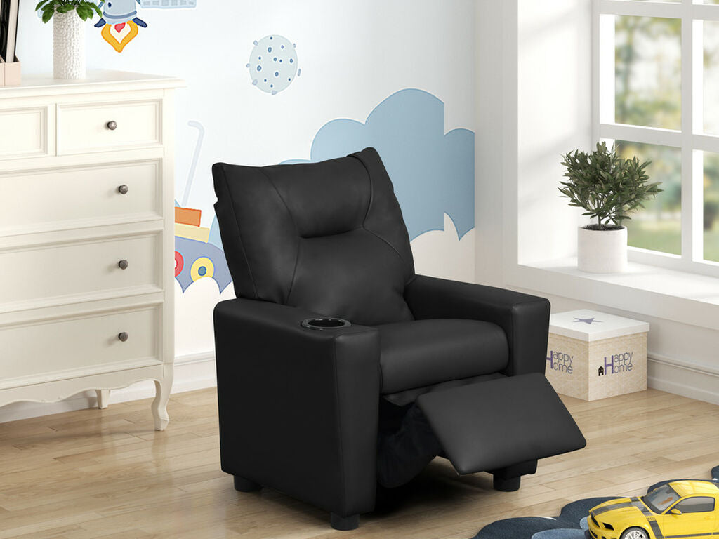 88844 Perline 23" wide black faux leather kids size youth recliner chair with cup holders