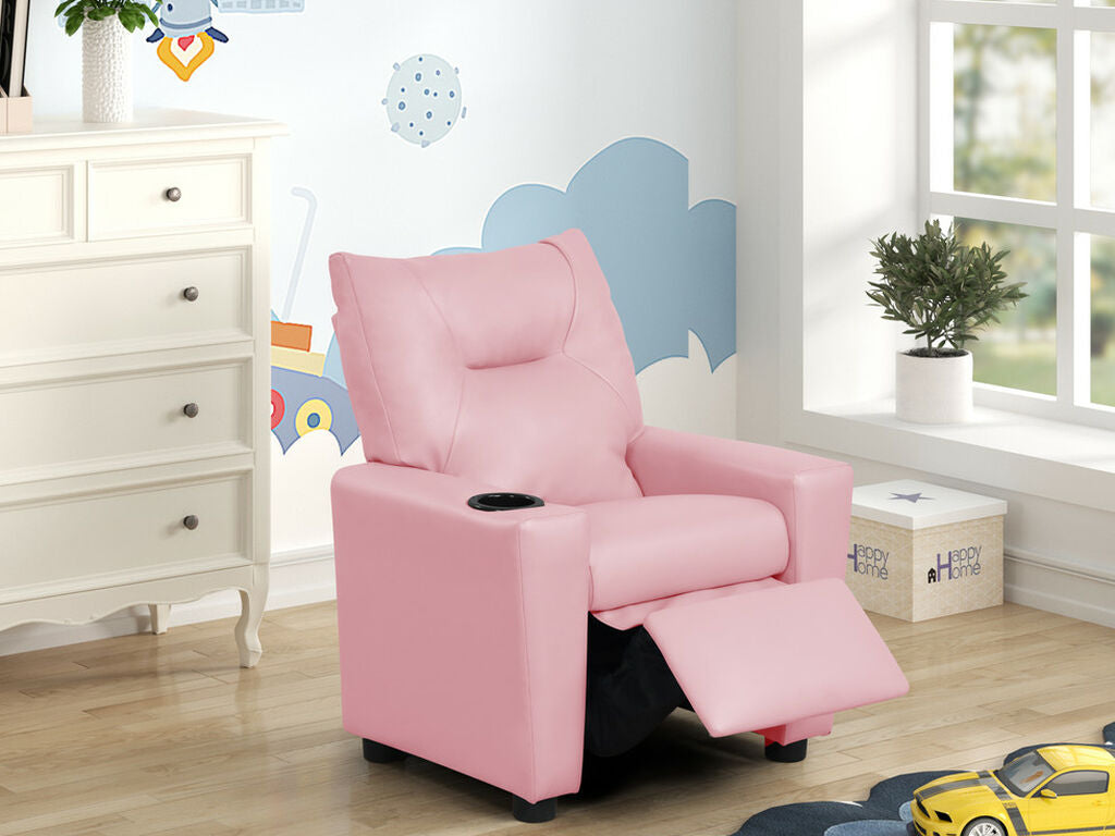 88845 Perline 23" wide pink faux leather kids size youth recliner chair with cup holders