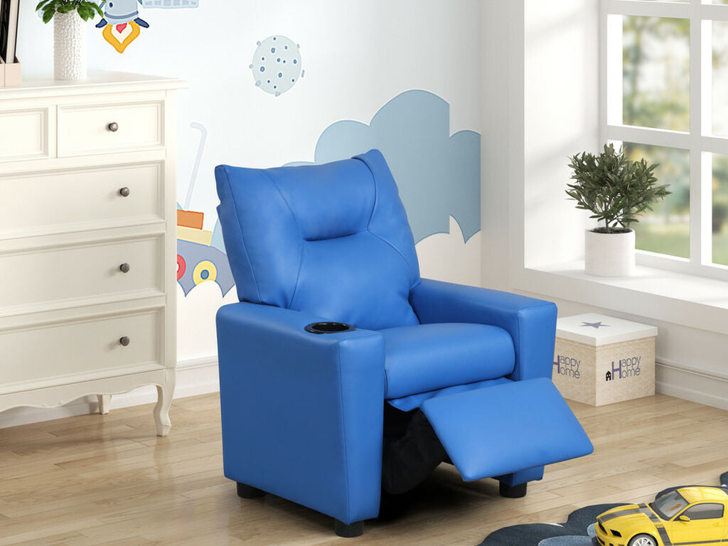 88846 Perline 23" wide blue faux leather kids size youth recliner chair with cup holders