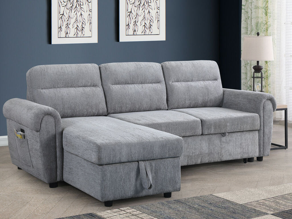 89112CLG Hugo grey chenille fabric pop up sleep area reversible storage chaise sectional sofa nail head trim USB