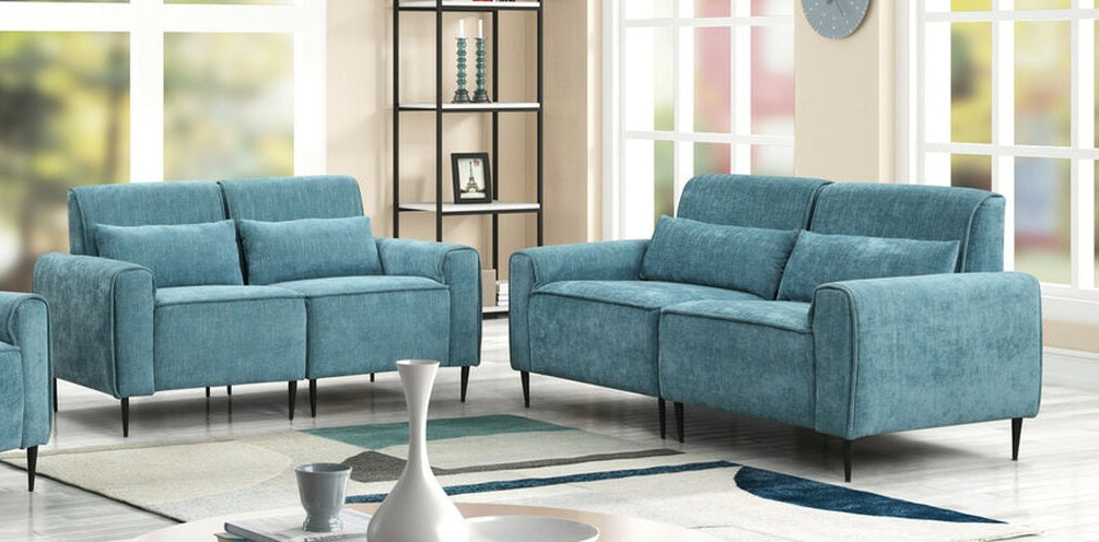 89118 2 pc Valentina blue chenille fabric sofa and love seat set with rounded arms black metal legs