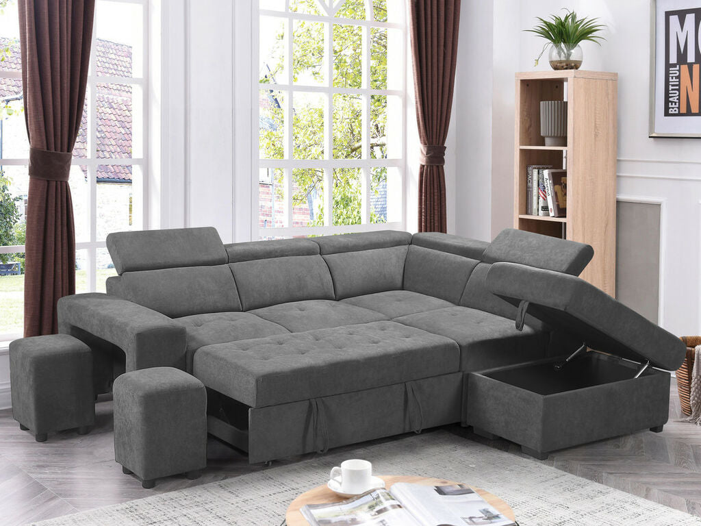 89135 2 pc Hendrick light grey woven linen like fabric sectional sofa with RAF chaise pop up sleep area and ottomans