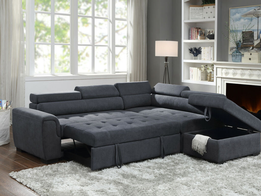 89138 3 pc Haris dark grey fabric 97" sectional sofa set with pop up sleep area adjustable headrests storage ottoman