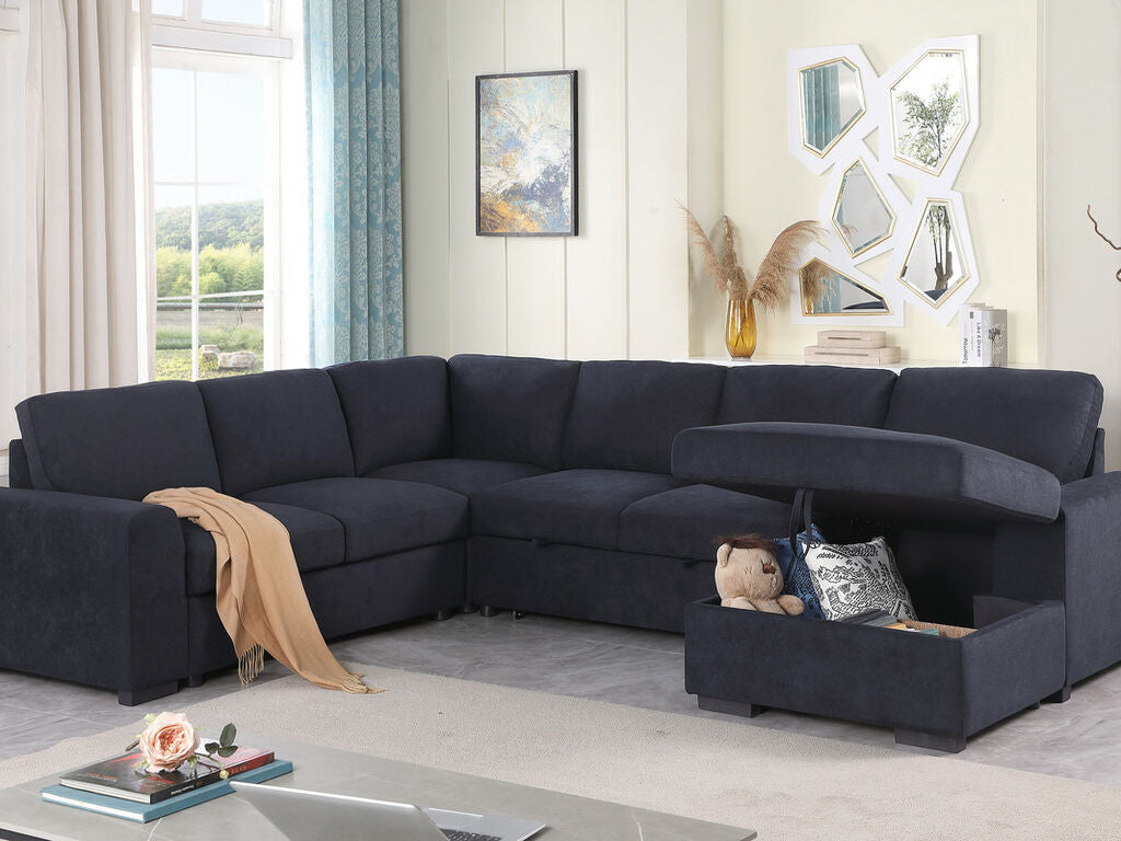89139 4 pc Selene dark grey woven fabric sectional sofa with pop up sleep area and storage chaise