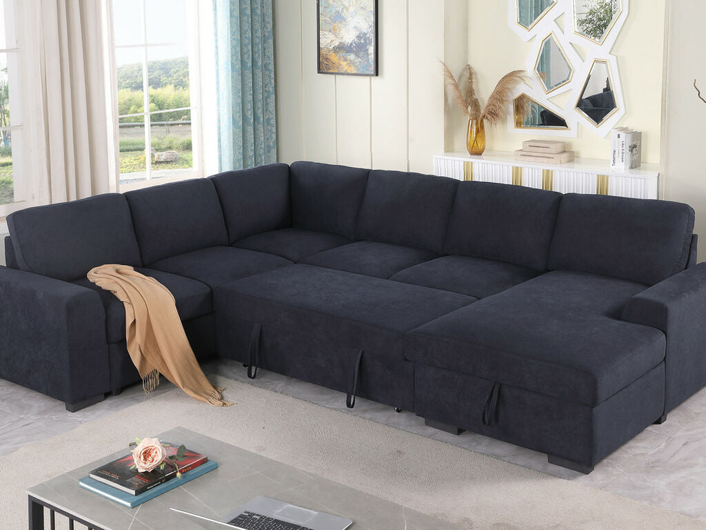 89139 4 pc Selene dark grey woven fabric sectional sofa with pop up sleep area and storage chaise