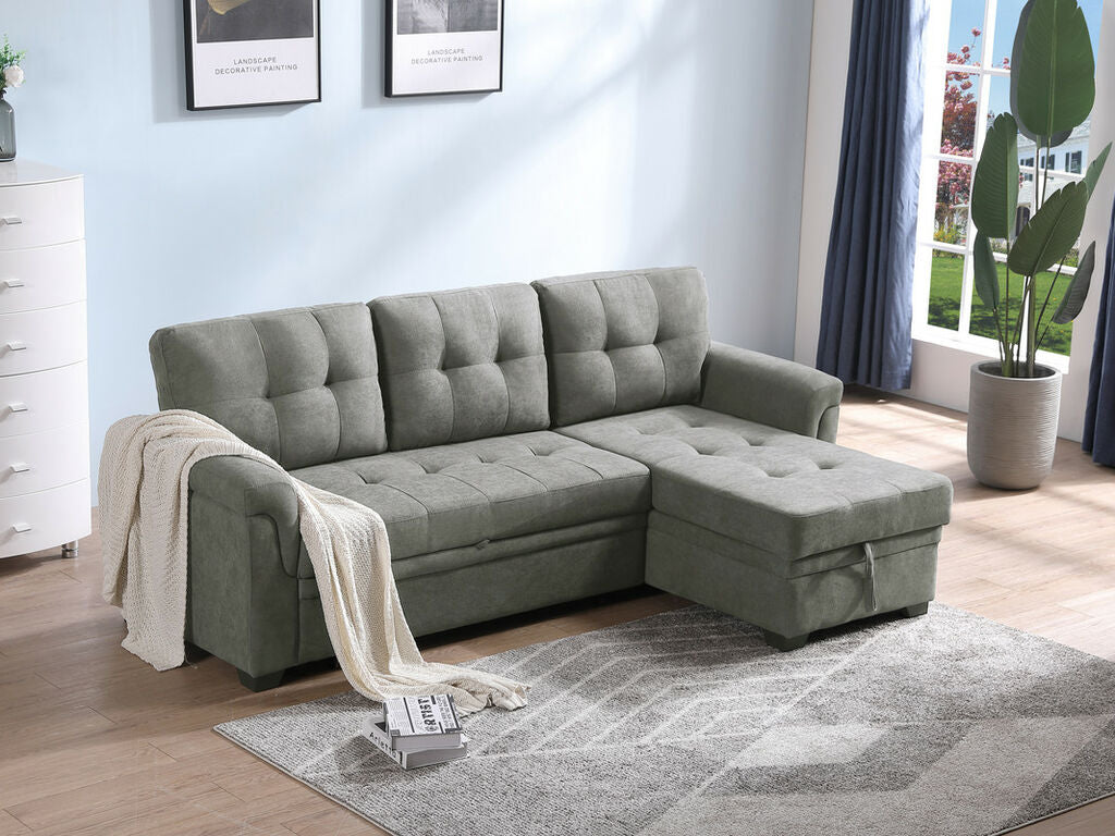 89144 Lucca light grey faux linen woven fabric reversible storage chaise pop up sleep area sectional sofa