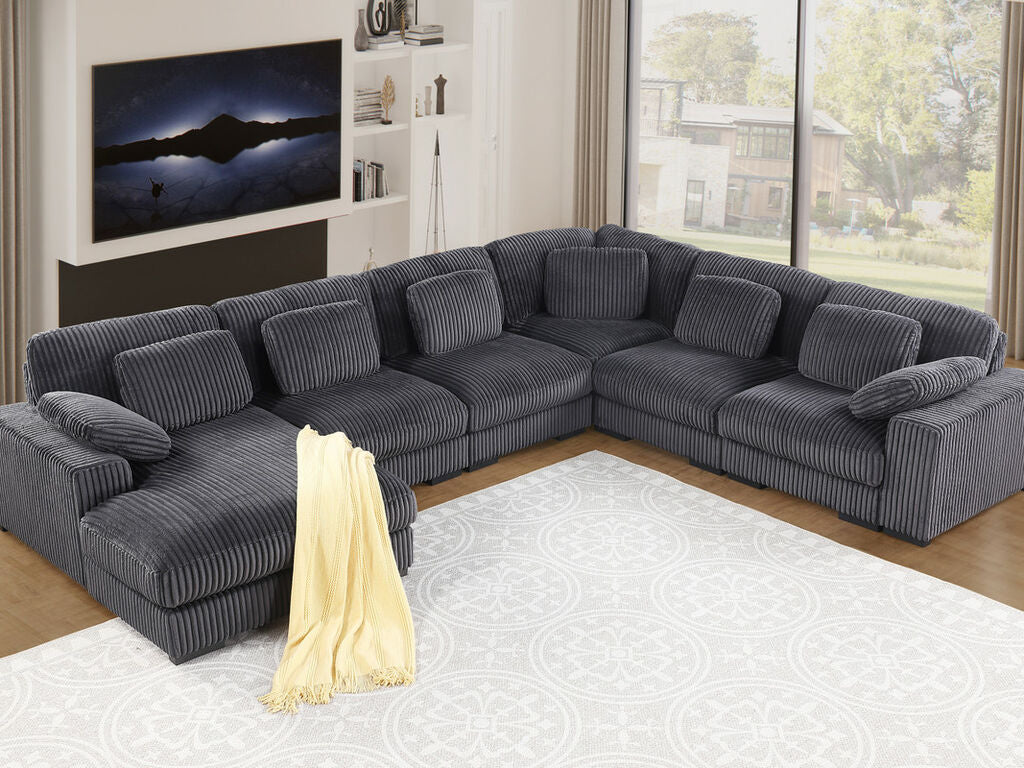 89161 6 pc Nadine dark grey wide corduroy fabric modular sectional sofa set with chaise